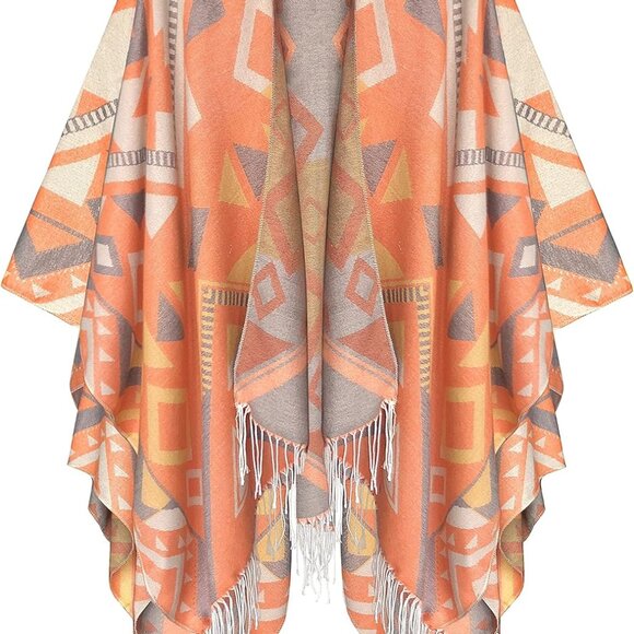 Women's Retro Style Vintage Pattern Tassel Poncho Shawl Cape Wraps For Women